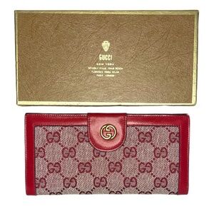 Vintage 1974 Gucci Red GG Signature Canvas + Leather Long Wallet *NIB*